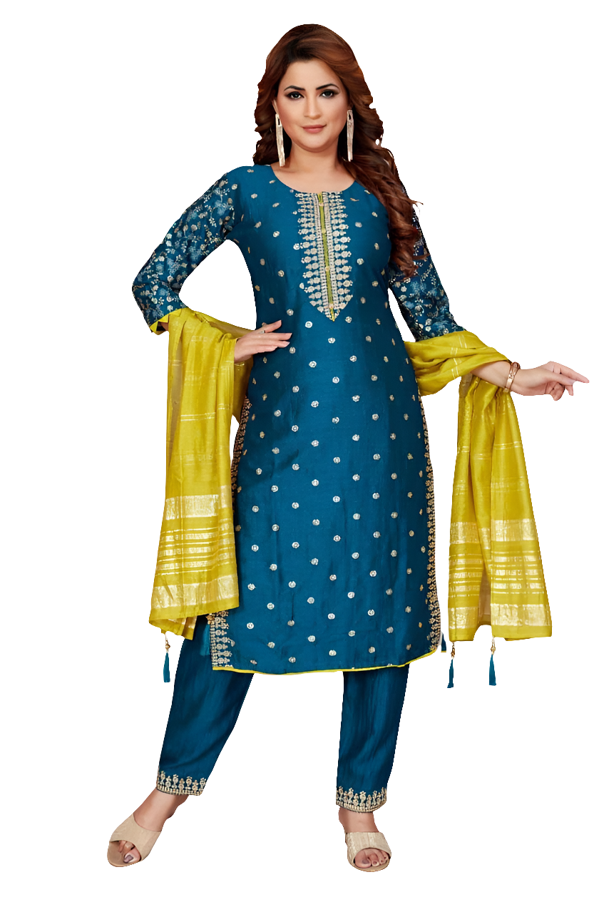 Blue embroidery suit set with dupatta